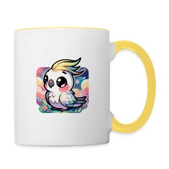 A Cute Chibi Cockatiel In a Colorful Landscape - Contrasting Mug - white/yellow - Right