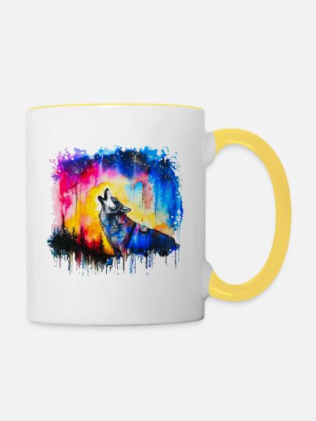 Wolf Aquarell - Tasse zweifarbig - Weiß/Gelb