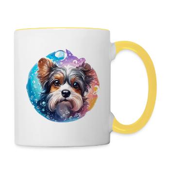 Animal dans bulle de savon / enfantin / mignon / chien - Mug contrasté - blanc/jaune - Droite