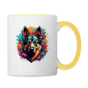Chien / Animal / Animal de compagnie / Poilu / Berger allemand - Mug contrasté - blanc/jaune - Droite