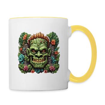 Tiki / Hawaï / Tropical / Île / Culture / Logo - Mug contrasté - blanc/jaune - Droite