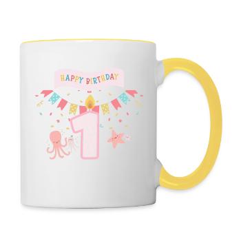 Happy Birthday 1 zum 1. Geburtstag - Tasse zweifarbig - Weiß/Gelb - Rechts