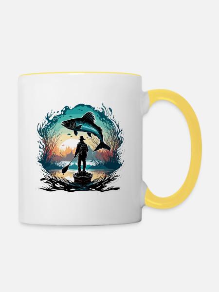 Pêcheur Siluette / Pêche / Poissons / Lac / Sport - Mug contrasté - blanc/jaune
