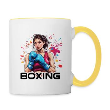 Boxerin / Sport / Kampf / Arena / Boxring / Fäuste - Tasse zweifarbig - Weiß/Gelb - Rechts
