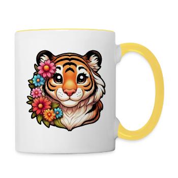 Tiger Weibchen mit Blumen - Tasse zweifarbig - Weiß/Gelb - Rechts