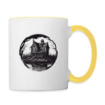 Lakeside House / Cabin / Lake / Mountains / Nature /Forest - Contrasting Mug - white/yellow - Right