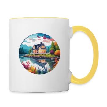 Lakeside House / Cabin / Lake / Mountains / Nature /Forest - Contrasting Mug - white/yellow - Right