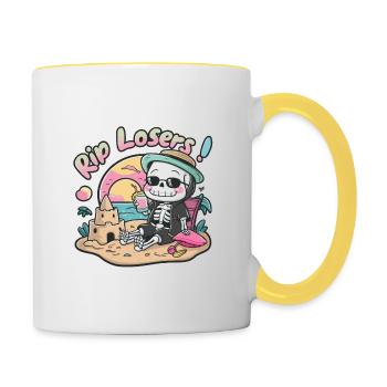Funny skeleton on the beach – RIP Losers Design - Contrasting Mug - white/yellow - Right