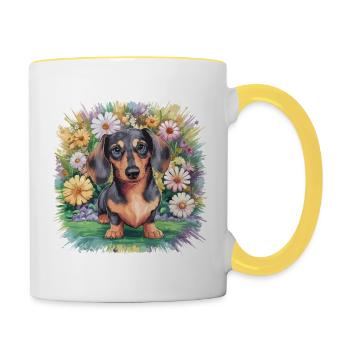 Teckel à fleurs - Mug contrasté - blanc/jaune - Droite