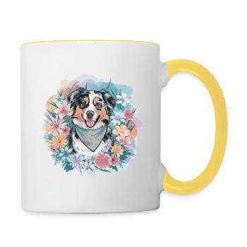 Australian Shepherd with Flowers - Contrasting Mug - white/yellow - Right
