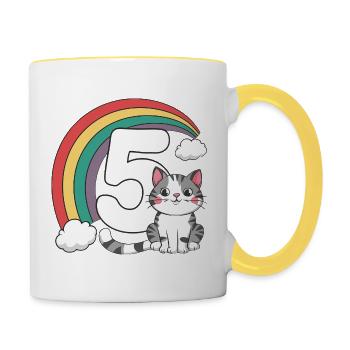 Süße Katze - 5. Geburtstag - 5 Jahre - Tasse zweifarbig - Weiß/Gelb - Rechts