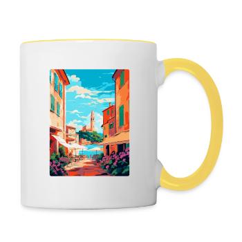 St. Tropez Frankreich Vintage Reiseplakat Souvenir - Tasse zweifarbig - Weiß/Gelb - Rechts
