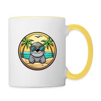 Siegel Lustige Cartoon Sommer Strand Sonnenbrille Aufkleber - Tasse zweifarbig - Weiß/Gelb - Rechts