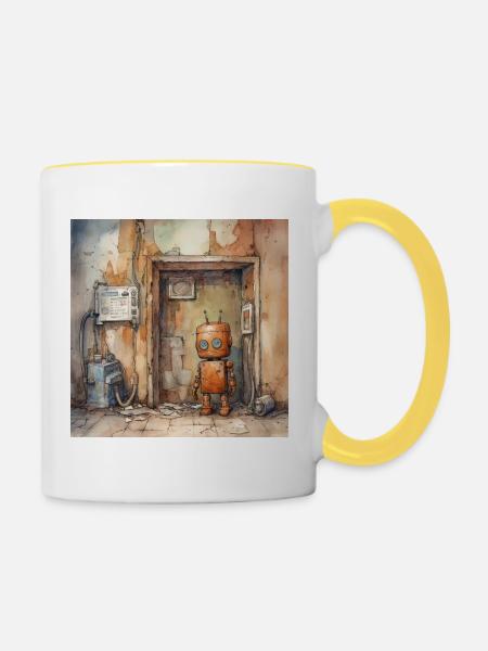 Alte rostige verlassene Roboter - Tasse zweifarbig - Weiß/Gelb