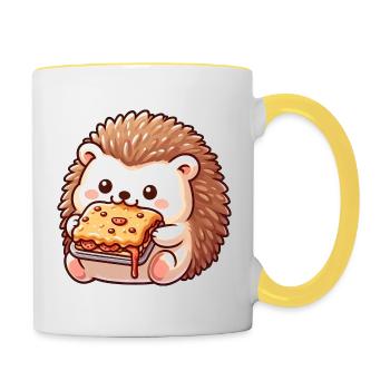 Cute hedgehog eating lasagna italian food - Contrasting Mug - white/yellow - Right