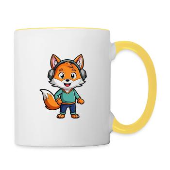 Fuchs Lustige Zeichentrickfigur Kopfhörer Musik - Tasse zweifarbig - Weiß/Gelb - Rechts