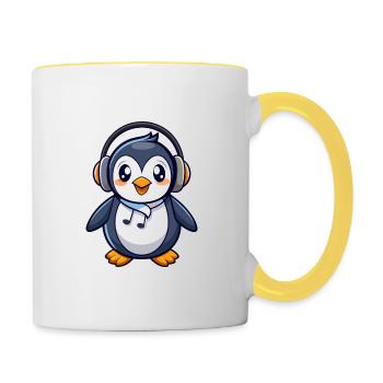 Pinguin Lustige Zeichentrickfigur Kopfhörermusik - Tasse zweifarbig - Weiß/Gelb - Rechts