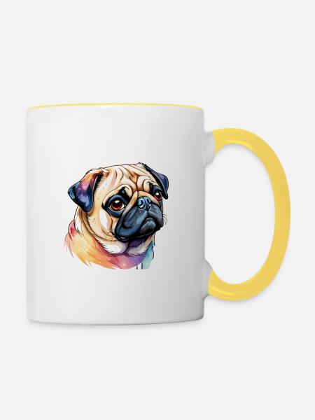 Mops Wasserfarben - Tasse zweifarbig - Weiß/Gelb
