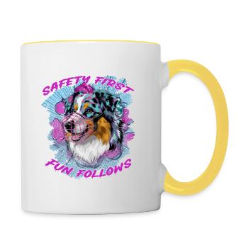 Safety First Fun Follows - Australian Shepherd - Tasse zweifarbig - Weiß/Gelb - Rechts