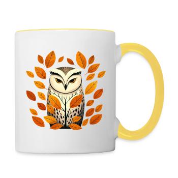 Eule und Herbstblätter - Tasse zweifarbig - Weiß/Gelb - Rechts