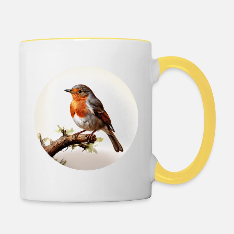 Robin assis sur une branche - Mug contrasté - blanc/jaune