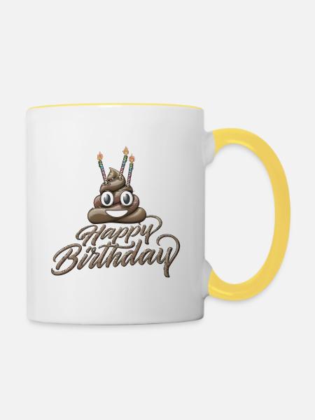 Alles Gute zum Geburtstag Kacke mit drei Kerzen - Tasse zweifarbig - Weiß/Gelb