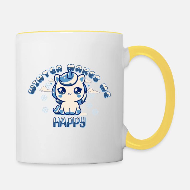 Winter makes me happy - Einhorn - Tasse zweifarbig - Weiß/Gelb