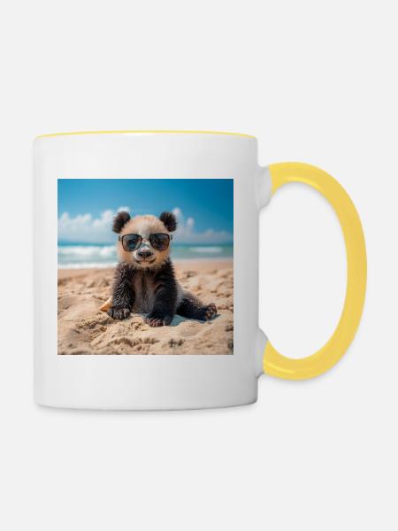 Panda am Strand - Tasse zweifarbig - Weiß/Gelb