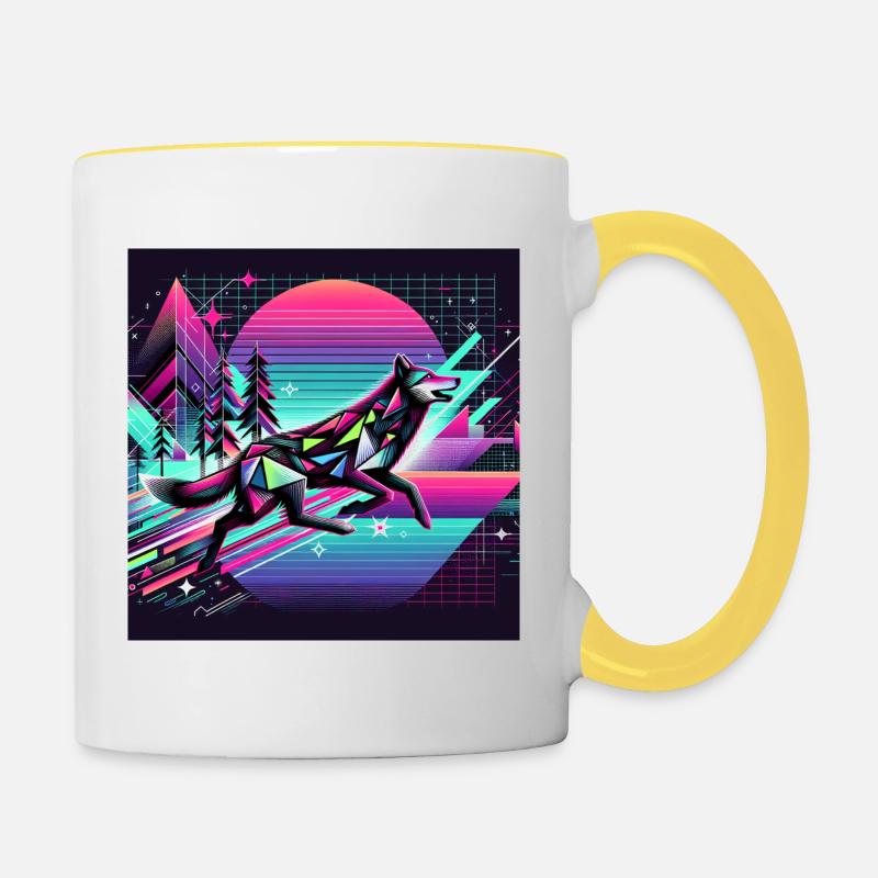 Neon wolf in the retro universe - Contrasting Mug - white/yellow