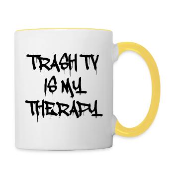 Trash TV Is My Therapy – Reality Show Love - Tasse zweifarbig - Weiß/Gelb - Rechts
