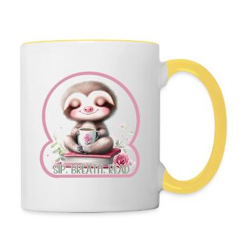 Entspannendes Lesefaultier - Gemütliches Buchliebhaber-Design - Tasse zweifarbig - Weiß/Gelb - Rechts