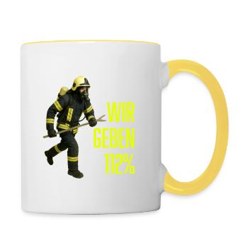 Wir geben 112% Feuerwehr Firefighter Rettung - Tasse zweifarbig - Weiß/Gelb - Rechts