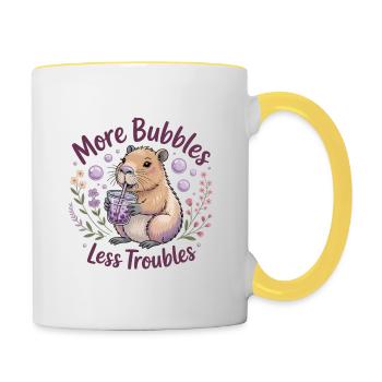 Capybara & Bubbles: Weniger Sorgen - Tasse zweifarbig - Weiß/Gelb - Rechts