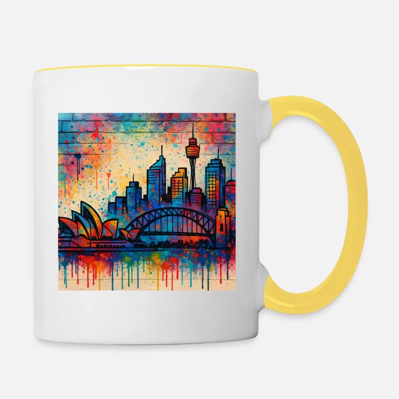 Art du graffiti de la ligne d’horizon de Sydney - Mug contrasté - blanc/jaune