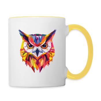 Low Poly Eule – modernes Design für Schlaue - Tasse zweifarbig - Weiß/Gelb - Rechts