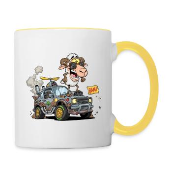 Conducteur de mouton de dessin animé dans un véhicule tout-terrain - Mug contrasté - blanc/jaune - Droite