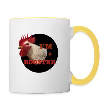 Hahnendesign und humorvoller Text - Tasse zweifarbig - Weiß/Gelb - Rechts