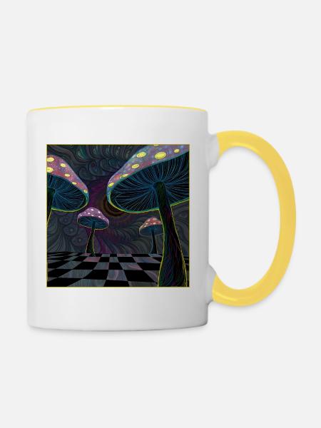 Psychedelische Pilzwaldszene - Tasse zweifarbig - Weiß/Gelb