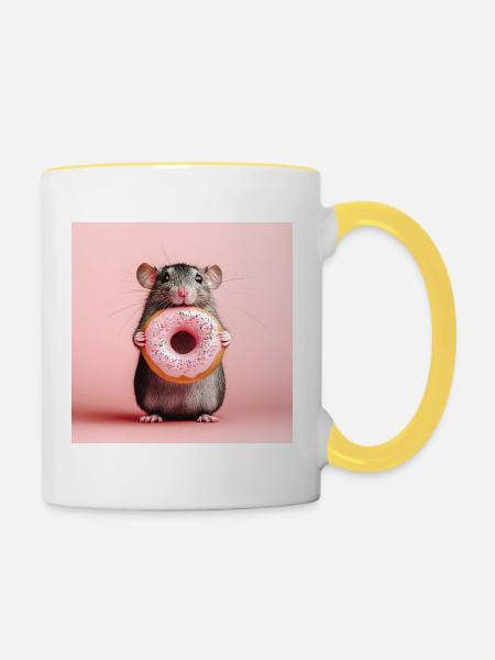 Süße Maus mit buntem Donut - Tasse zweifarbig - Weiß/Gelb