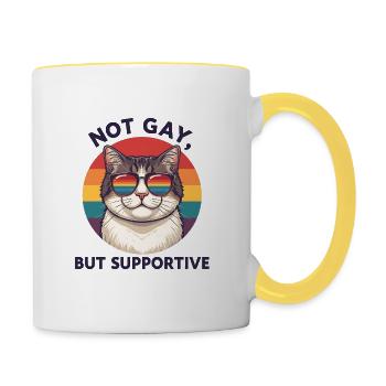 Not Gay But Supportive – Katze & Regenbogen - Tasse zweifarbig - Weiß/Gelb - Rechts