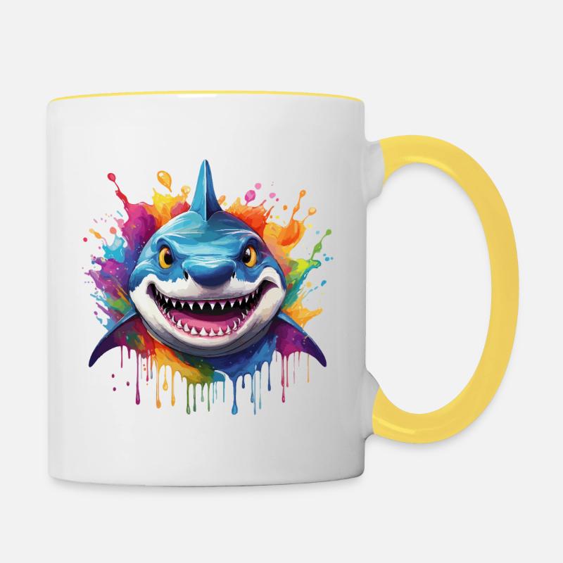 Requin coloré avec des éclaboussures de peinture - Mug contrasté - blanc/jaune