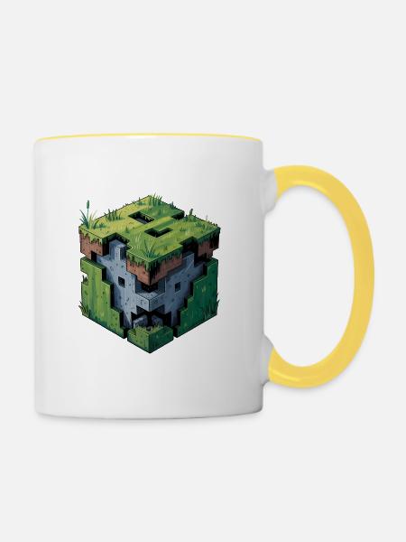 Dirt Block – Cooles Low-Poly-Logo - Tasse zweifarbig - Weiß/Gelb