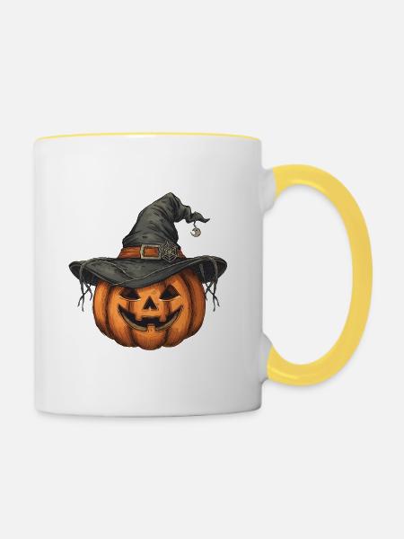Halloween Kürbis mit Hexenhut - Tasse zweifarbig - Weiß/Gelb