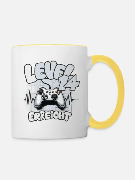 Level 14 erreicht Controller Joypad Herzschlag - Tasse zweifarbig - Weiß/Gelb