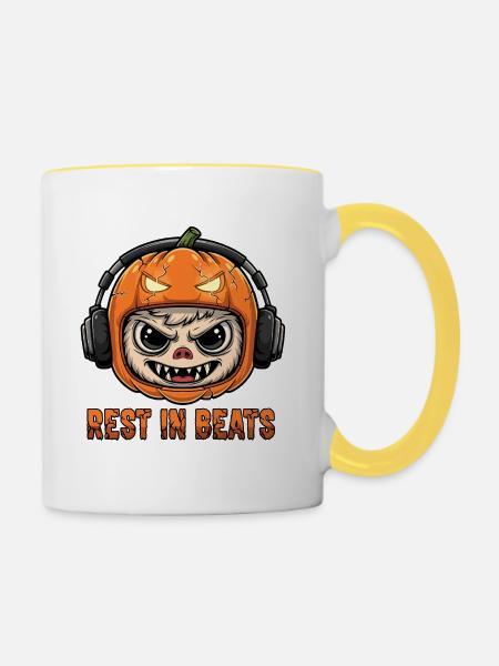 Kürbis-DJ Monkey Rest Beats - Tasse zweifarbig - Weiß/Gelb
