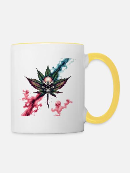 Skull mit farbigem Cannabisblatt - Tasse zweifarbig - Weiß/Gelb