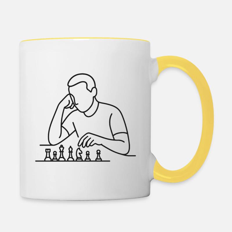 Chess Player Sketch – Minimalist Thinking Motif - Contrasting Mug - white/yellow