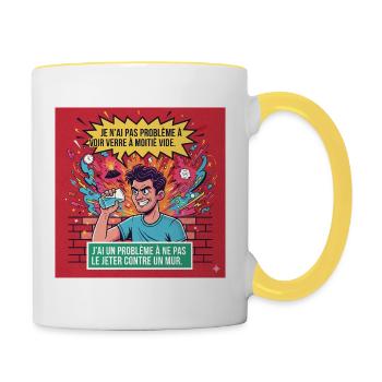 Glas gegen Wand, Retro-Humor - Tasse zweifarbig - Weiß/Gelb - Rechts