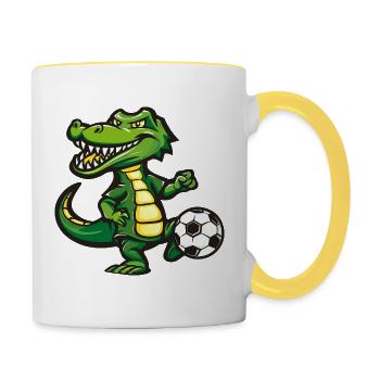 Krokodil Fußballheld Karikatur - Tasse zweifarbig - Weiß/Gelb - Rechts