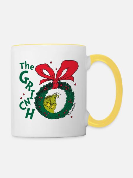 Der Grinch Weihnachtskranz Mit Roter Schleife - Tasse zweifarbig - Weiß/Gelb